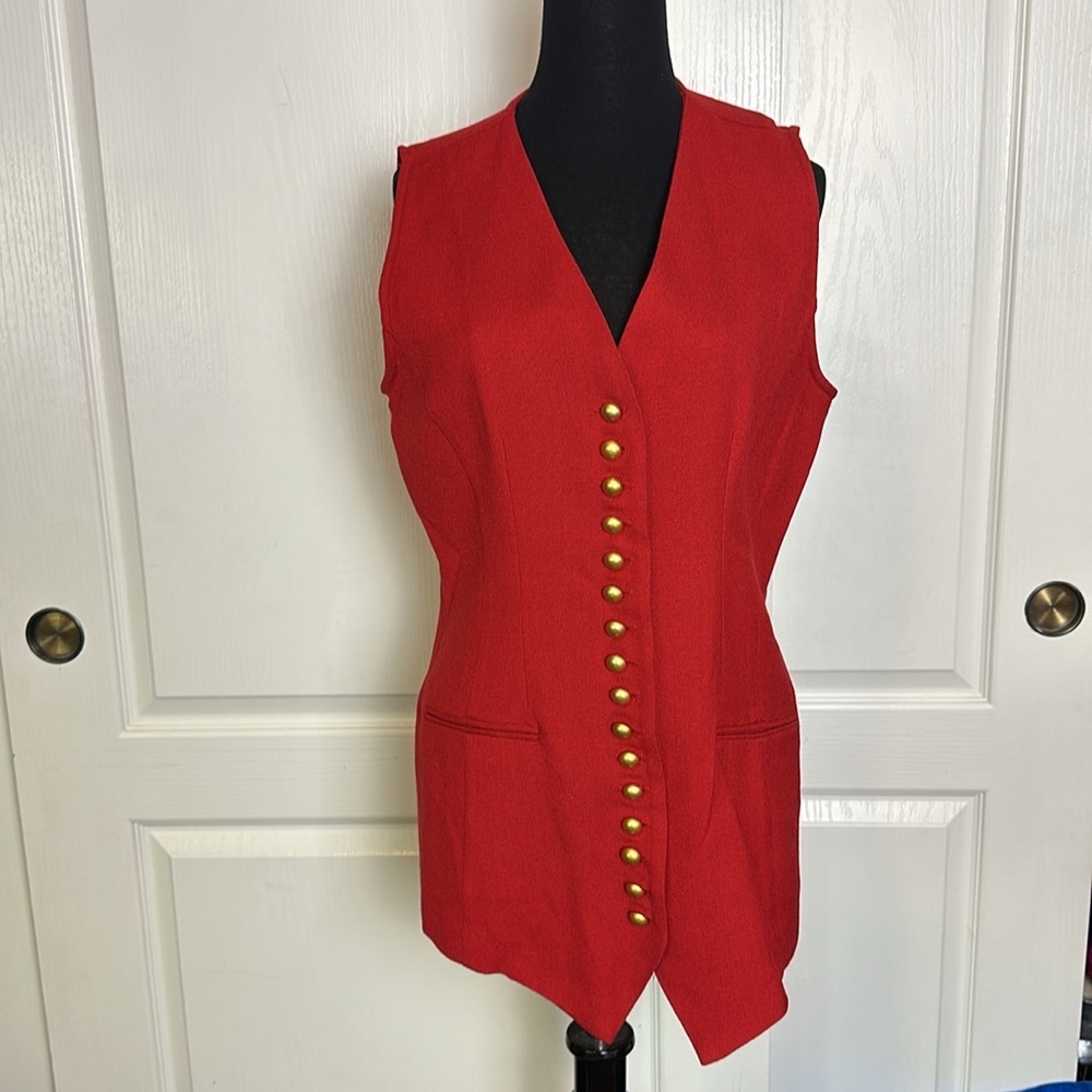 VTG RED WOOL GOLD BUTTON LONG VEST SLEEVELESS BLOUSE